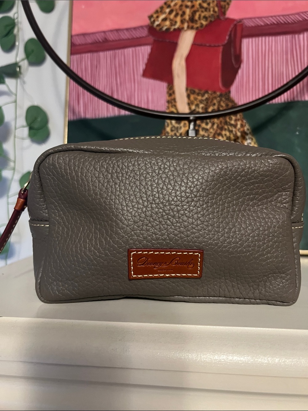 Dooney & Bourke Gray Pebbled Leather Cosmetic Pouch with Brown Logo Patch